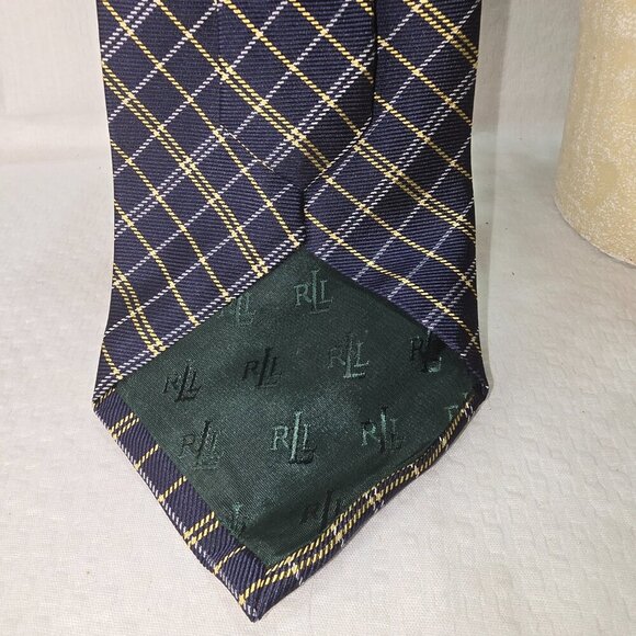 LAUREN RALPH LAUREN HAND FINISHED IMPORTED SILK TIE BLUE WITH GOLD PLAID EUC - Picture 7 of 7
